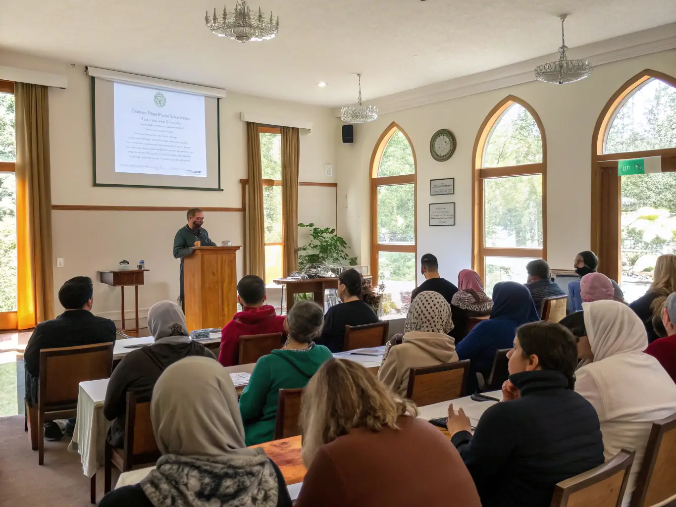 A photograph of a lecture in progress about sundials, with an engaging speaker and an attentive audience in a historical setting.