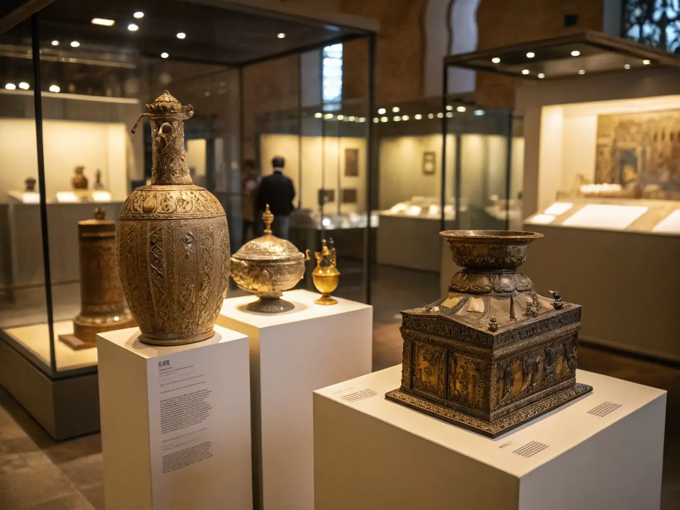 A photograph of an exhibition showcasing various sundials and related artifacts, with visitors engaging with the displays.
